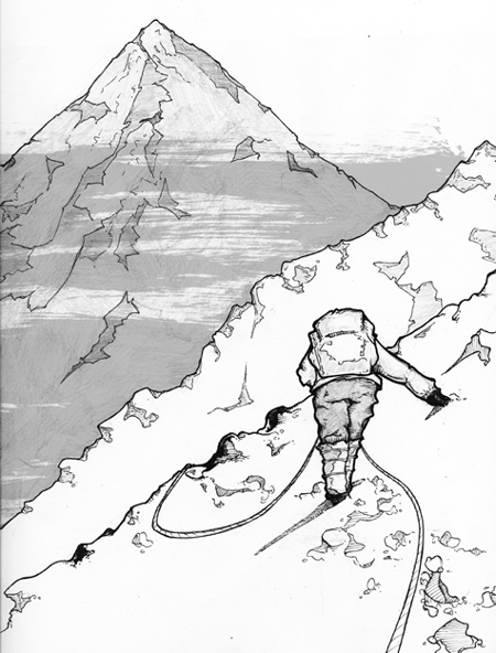 drawing of man climbing Mt. Everest