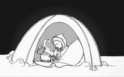 illustration of man melting snow on a campfire in his tent