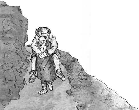 drawing of man carrying another man along a trail on Mt. Everest