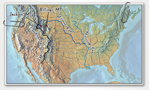 US map showing the Continental Divide, Jackson and Billings, MT, Missouri Rivier, and Mississippi River